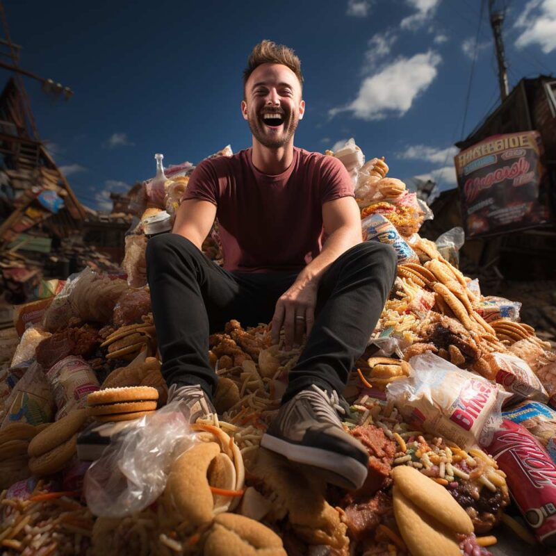 A young man happy and triumphant sitting on a pile of junk food. The pile is like a mountain an the blue sky is visible.