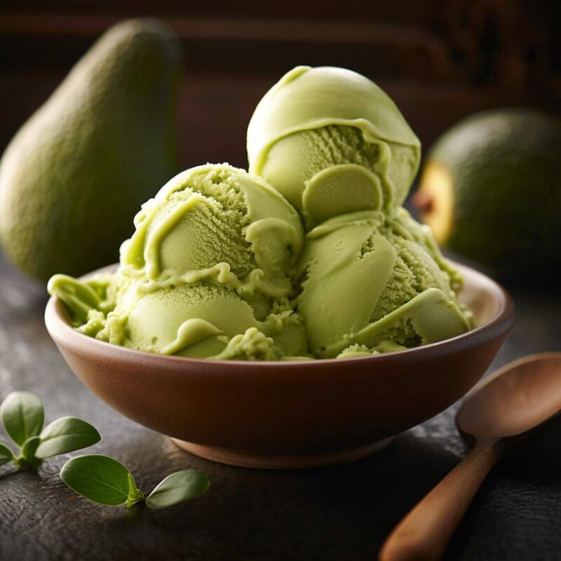 A bowl of scoops of avocado ice cream. 4 scoops. avocados in the background. shallow depth of field