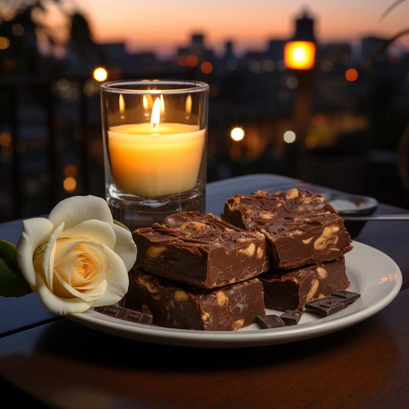 Black bean brownies. on a plate. on a table at dusk. candle on the table. rose on the plate. small village in the background. shallow depth of field.