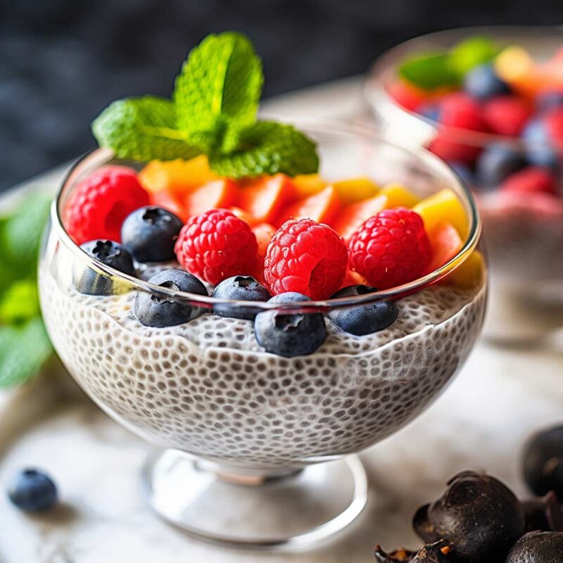 chia seed pudding. beautiful glass bowl on a table of fruit and berries. blueberries and raspberries in the bowl.