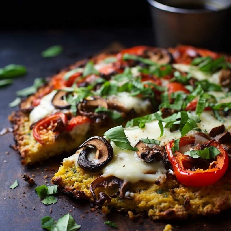 chicken crust pizza on a table. cheese and tomatoes on it. black olives.