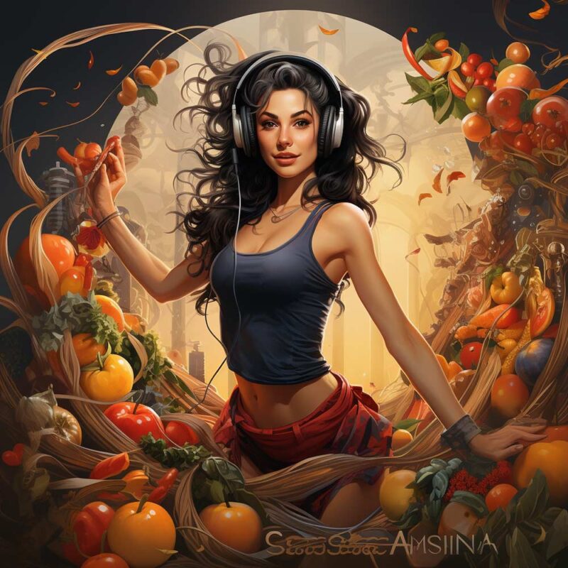 Illustration of a fitness trainer woman with headphones on. she is framed by an arch and a circle of fruits in the foreground. she is working out and happy.