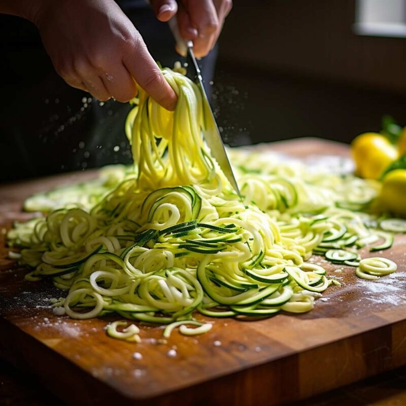 Zucchini noodles. on a cutting board. a pair of hands holding a knife and making the noodles.