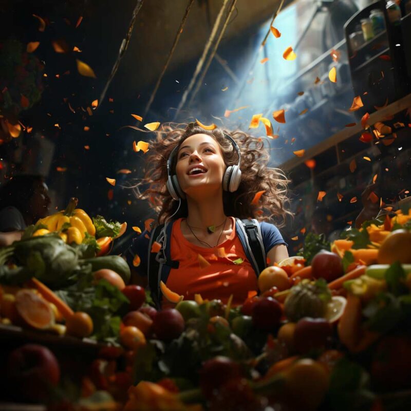 Woman with a backpack and headphones on. Magical disney like feel. smiling in a pile of food. magic swirling around her and an alley in the background.