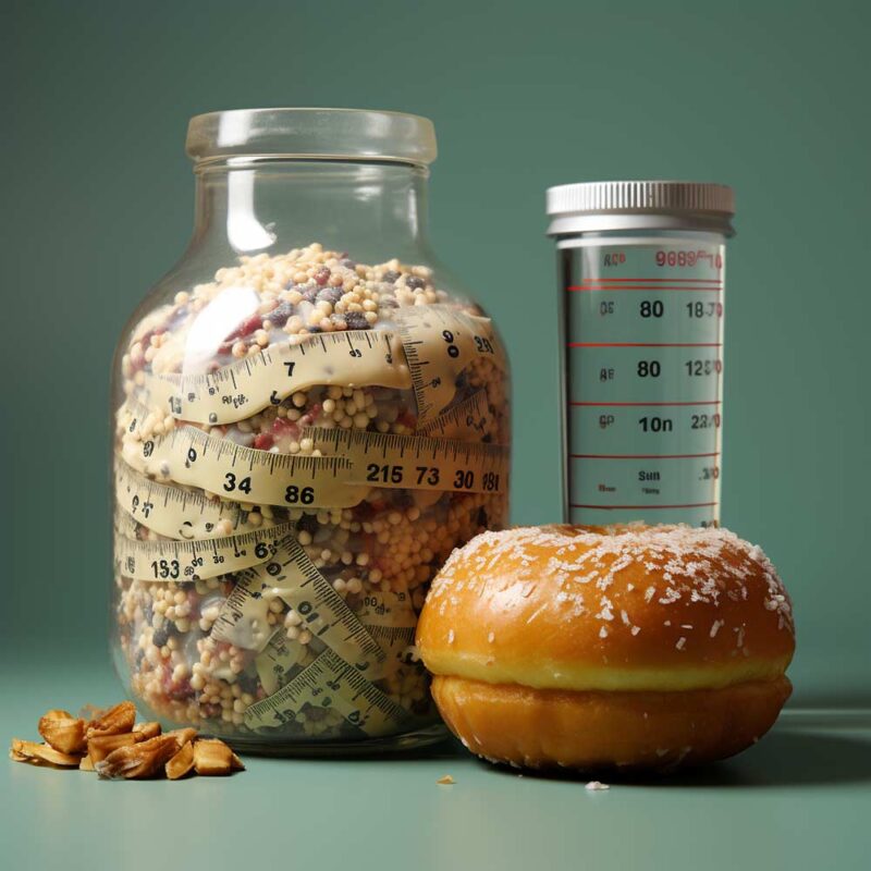 Jar of oatmeal looking food with a tape measure coiled in it. A doughnut or bagel. A beaker next to the jar. Working Out My Problem Areas, But No Fat Lose There: Why?