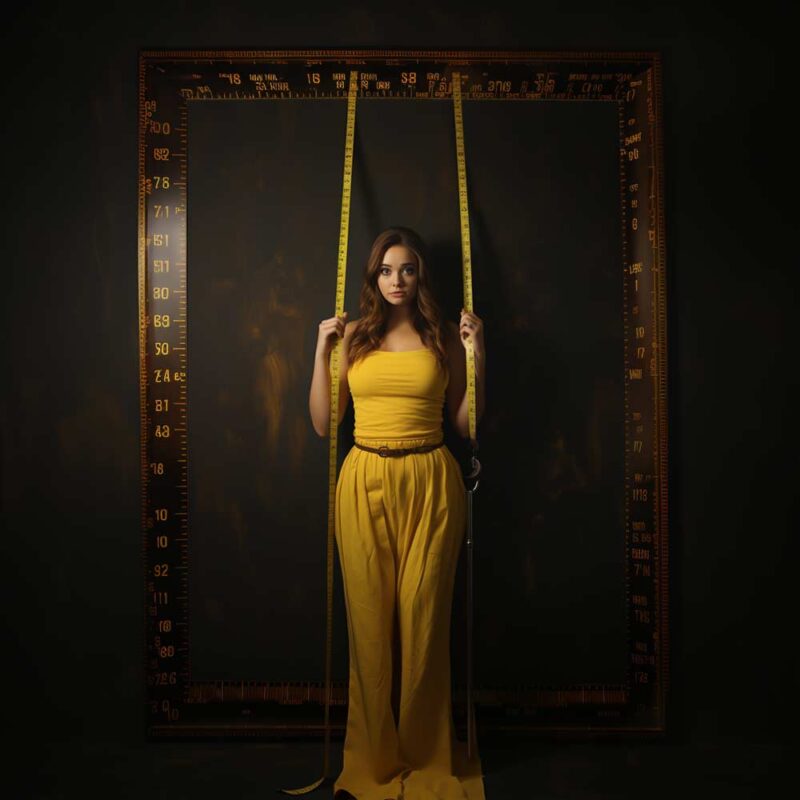 Young average woman. pretty with a yellow dress. She is framed by measuring scale numbers like a picture frame. She is also holding 2 measuring tapes like ropes on a swing Working Out My Problem Areas, But No Fat Lose There: Why?