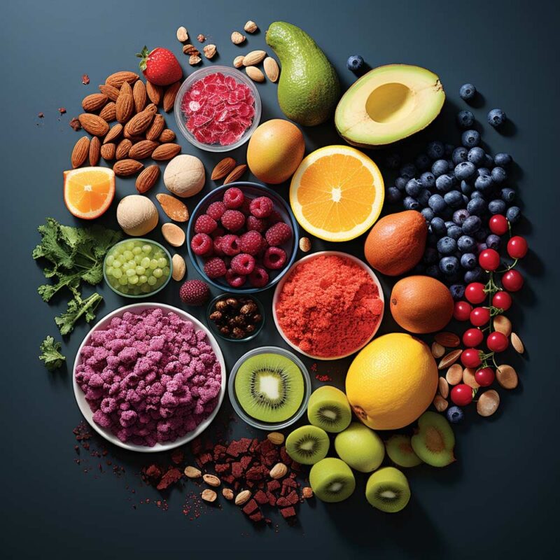 Overhead shot of healthy foods including avocados, oranges, almonds, kiwis, fruits, nuts, and spices. Very colorful. Working Out My Problem Areas, But No Fat Lose There: Why?